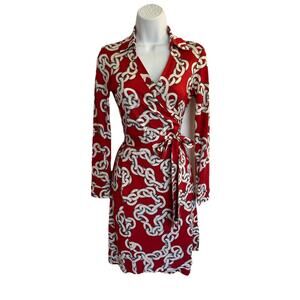 Size 4 DVF Diane von Furstenberg JEANNE Deep Red Chain Link Silk Wrap Dress